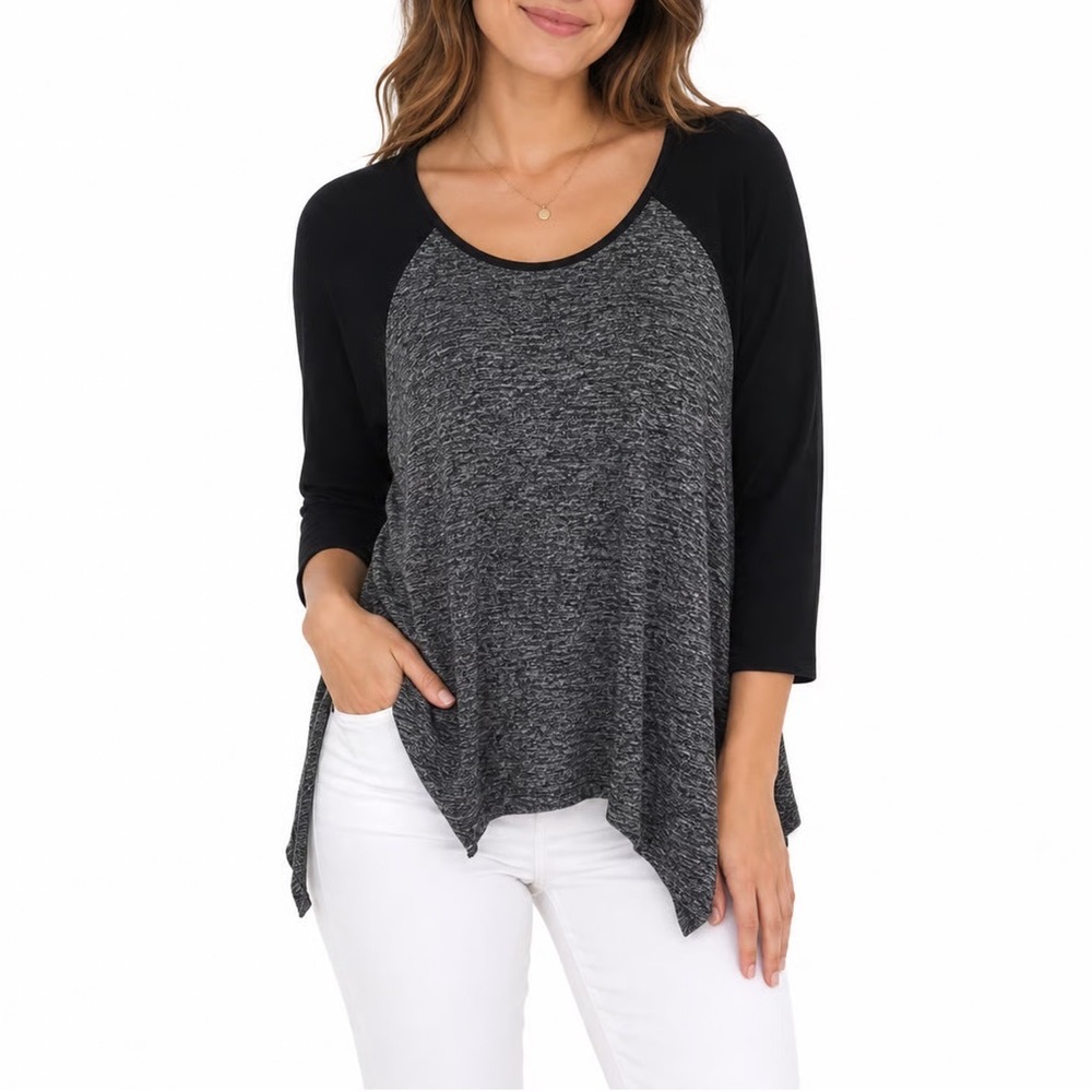 One Clothing Womens Black Gray Marled Raglan Sharkbite Tunic Top Small